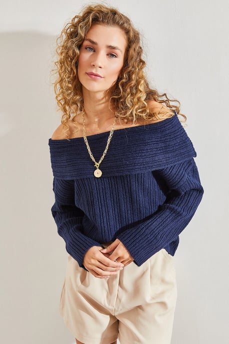 Bianco Lucci Schulterfreier gerippter Strickpullover - Marineblau - Image 1