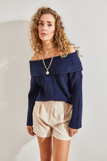 Bianco Lucci Schulterfreier gerippter Strickpullover - Marineblau - Image 2