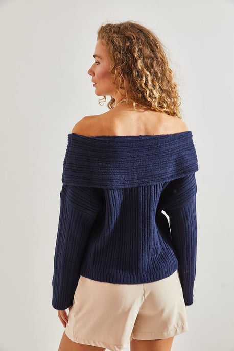 Bianco Lucci Schulterfreier gerippter Strickpullover - Marineblau - Image 3