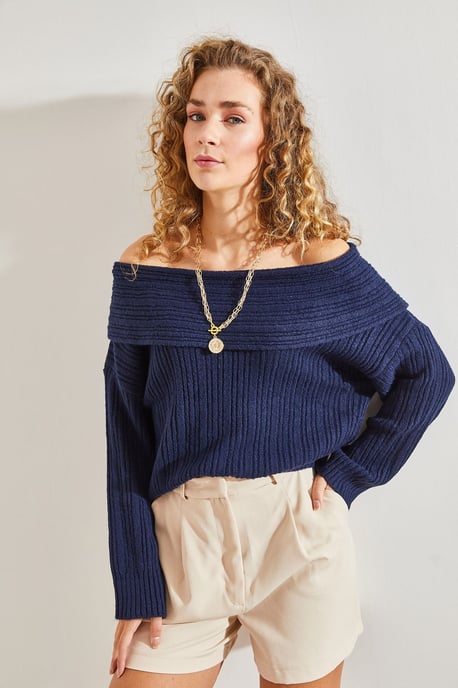 Bianco Lucci Schulterfreier gerippter Strickpullover - Marineblau - Image 4