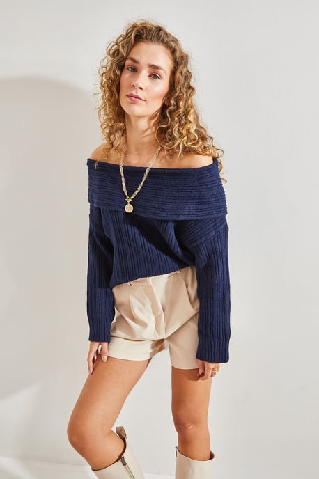 Bianco Lucci Schulterfreier gerippter Strickpullover - Marineblau - Image 5