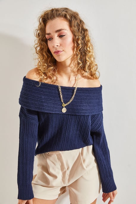 Bianco Lucci Schulterfreier gerippter Strickpullover - Marineblau - Image 6