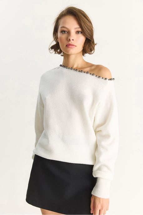 Asymmetrischer Kragen Zubehör Detaillierter Strickpullover - Image 4