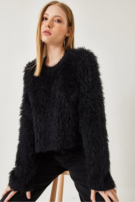 Strukturierter Rundhalsausschnitt-Crop-Pullover mit plüschigen Details - Image 2