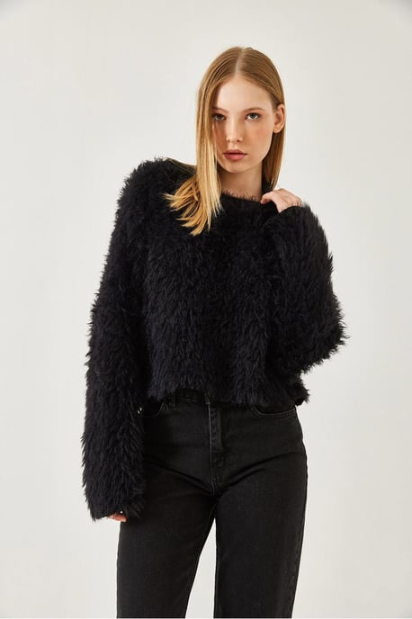 Strukturierter Rundhalsausschnitt-Crop-Pullover mit plüschigen Details - Image 4