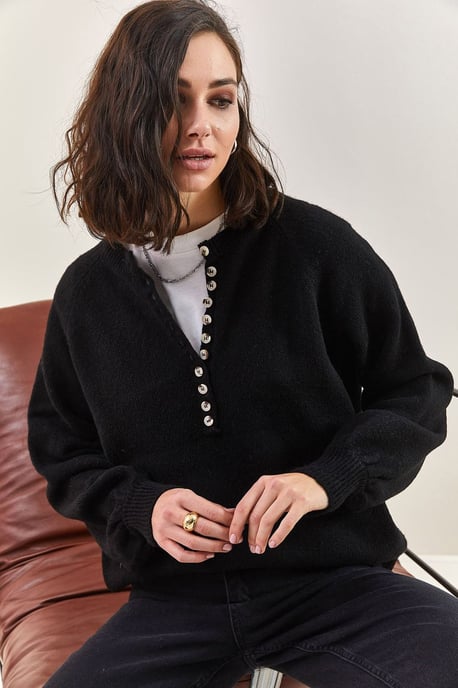 Knopfkragen Lässig Sitzender Strickpullover - Image 3