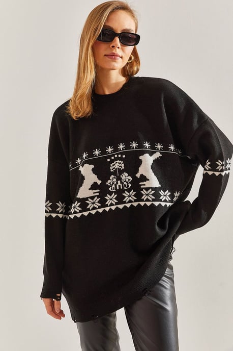Langer Oversized-Muster-Strickpullover mit Rundhalsausschnitt - Image 1