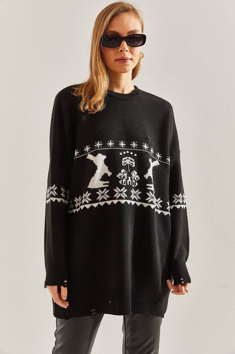 Langer Oversized-Muster-Strickpullover mit Rundhalsausschnitt - Image 3