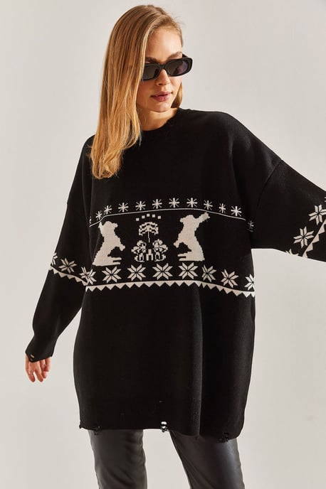 Langer Oversized-Muster-Strickpullover mit Rundhalsausschnitt - Image 4