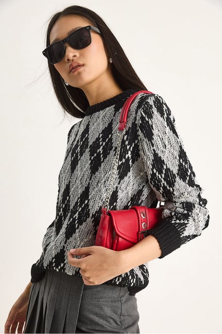 Damen Rundhals Strickpullover mit Rautenmuster - Image 2