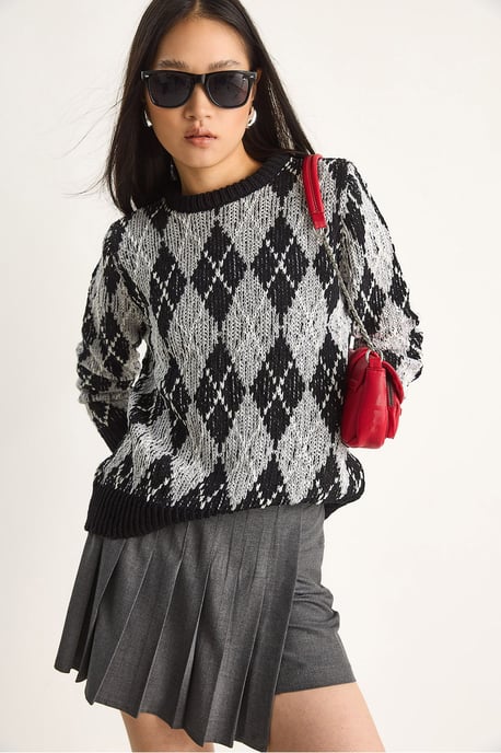 Damen Rundhals Strickpullover mit Rautenmuster - Image 3