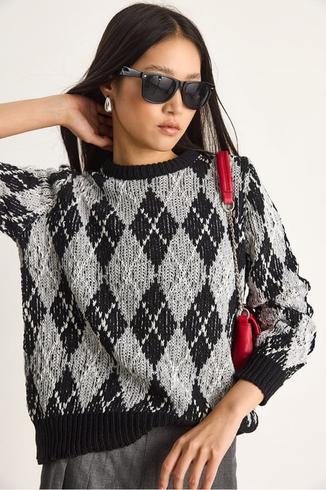 Damen Rundhals Strickpullover mit Rautenmuster - Image 4