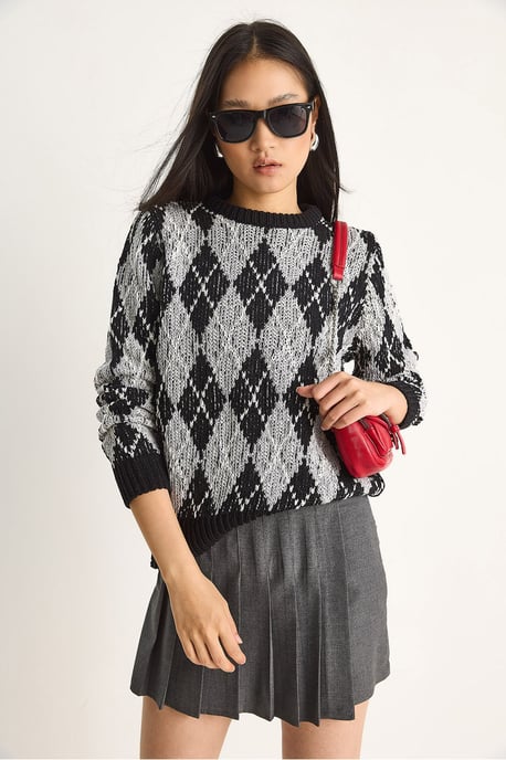 Damen Rundhals Strickpullover mit Rautenmuster - Image 5