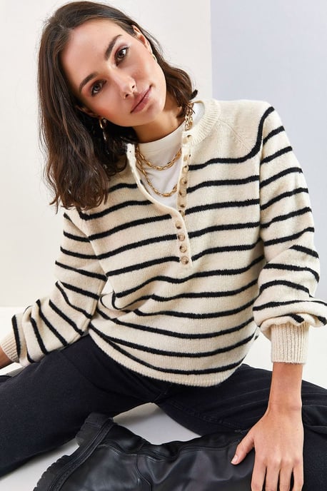 Knopfkragen Lässig Sitzender Strickpullover - Image 1