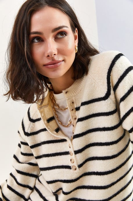 Knopfkragen Lässig Sitzender Strickpullover - Image 3