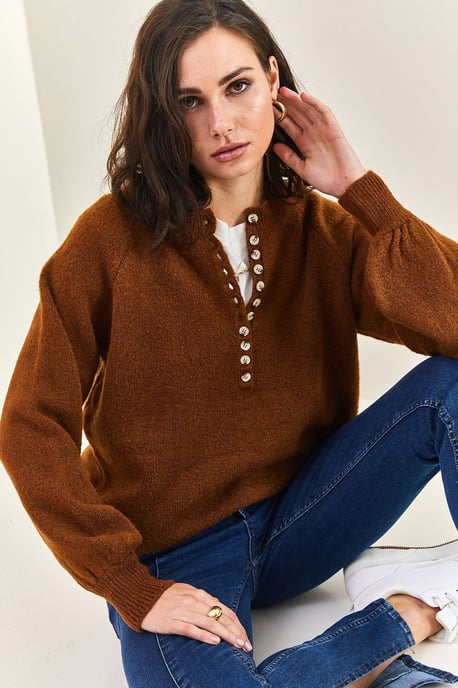Knopfkragen Lässig Sitzender Strickpullover - Image 2