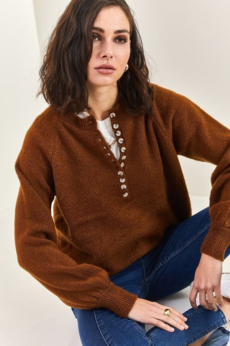 Knopfkragen Lässig Sitzender Strickpullover - Image 3