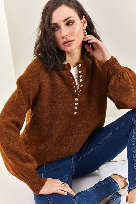 Knopfkragen Lässig Sitzender Strickpullover - Image 4