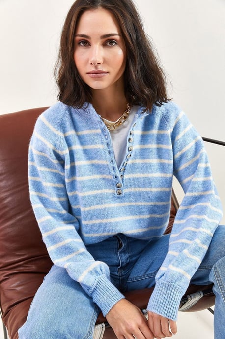 Knopfkragen Lässig Sitzender Strickpullover - Image 2