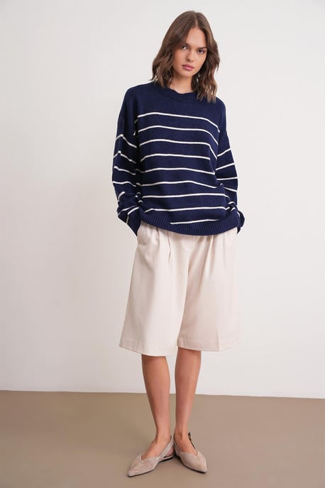 Gestreifter Rundhals Relaxed Strickpullover - Image 2