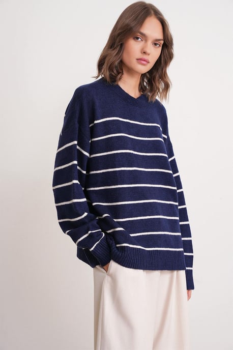 Gestreifter Rundhals Relaxed Strickpullover - Image 3