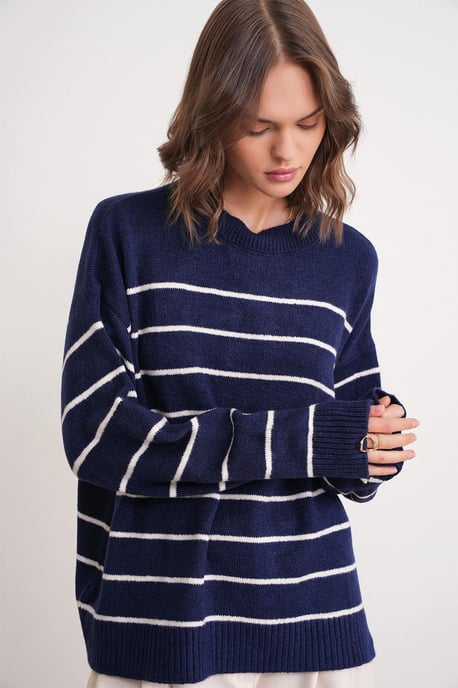 Gestreifter Rundhals Relaxed Strickpullover - Image 4