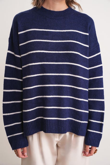 Gestreifter Rundhals Relaxed Strickpullover - Image 5