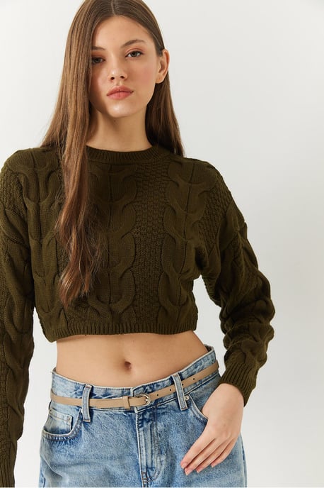 Strukturierter Geripptes Crop-Sweater mit Rundhalsausschnitt - Image 2