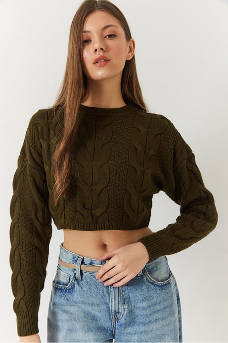Strukturierter Geripptes Crop-Sweater mit Rundhalsausschnitt - Image 3