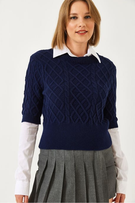 Texturierte Strick-Crop-Style Pullover mit Hemdkragen - Image 4