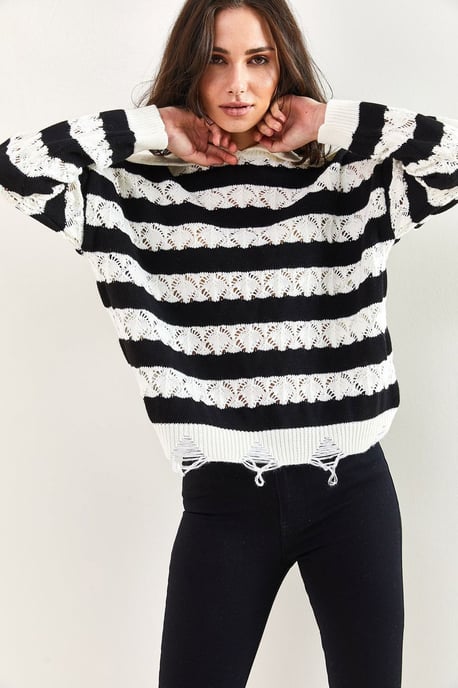 Gestreifter Rundhalsausschnitt Lockerer Pullover - Image 3