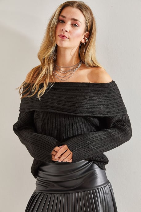 Schulterfreier gerippter Strickpullover - Image 2