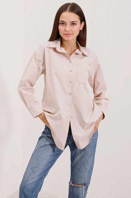 Oversized Gestreift Popeline Hemd mit Taschen - Image 1