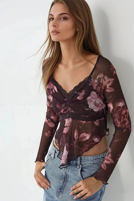 Schlankes V-Ausschnitt Blumenbluse - Image 1
