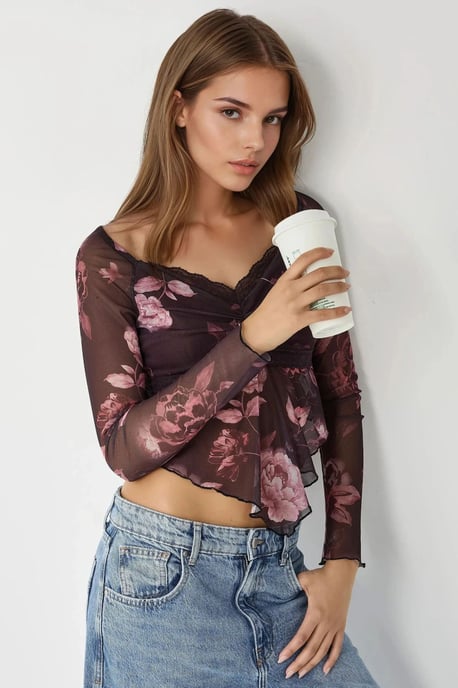 Schlankes V-Ausschnitt Blumenbluse - Image 6