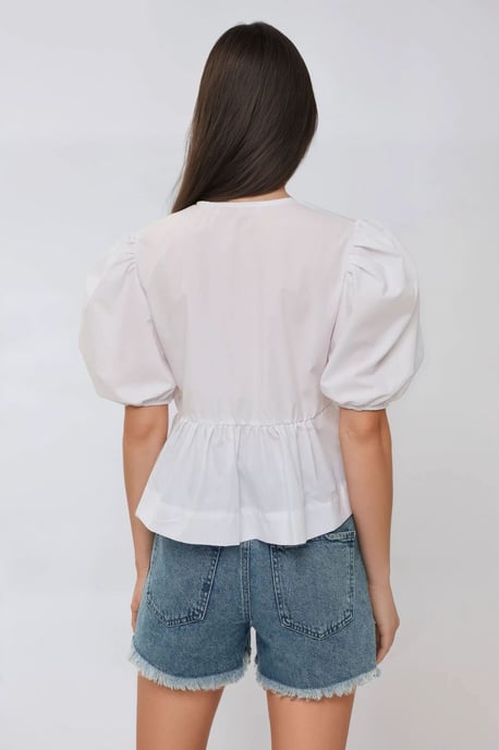 Baumwoll-Bluse mit Rundhalsausschnitt und Schleifendetail - Image 5