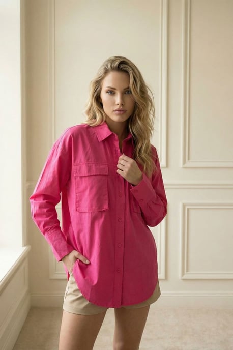 Übergroße Langarmahem Baumwollbluse mit Taschen - Image 5