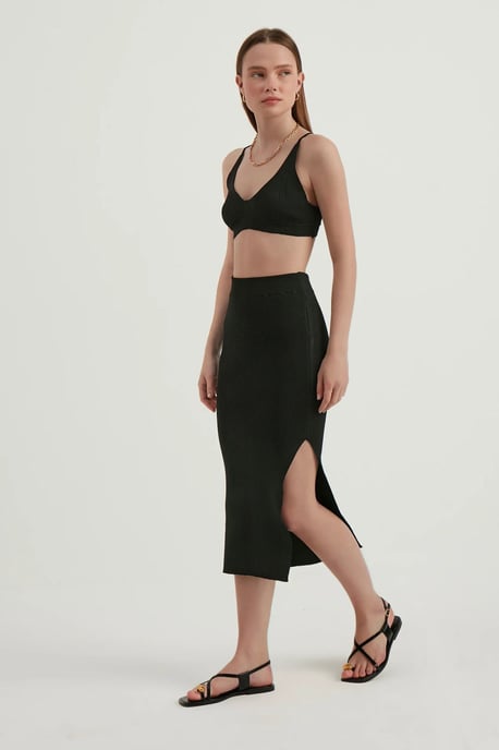2 Teile: V-Ausschnitt Bodycon Crop Top & Hohe Taille Maxi mit Seitenschlitz - Image 2