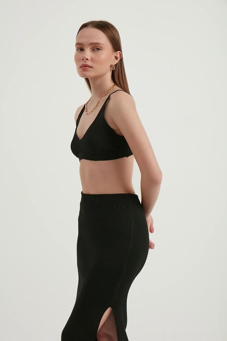 2 Teile: V-Ausschnitt Bodycon Crop Top & Hohe Taille Maxi mit Seitenschlitz - Image 3
