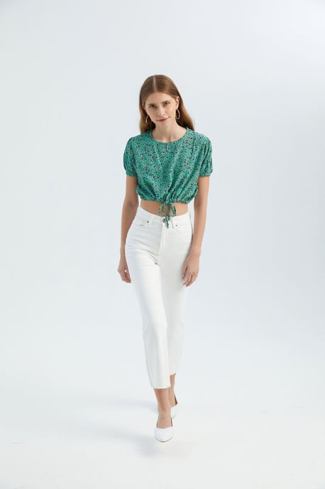Blumen Rundhalsausschnitt Kordelzug Cropped Top - Image 2