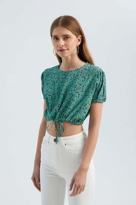 Blumen Rundhalsausschnitt Kordelzug Cropped Top - Image 3