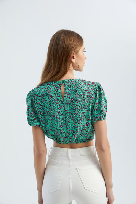 Blumen Rundhalsausschnitt Kordelzug Cropped Top - Image 4
