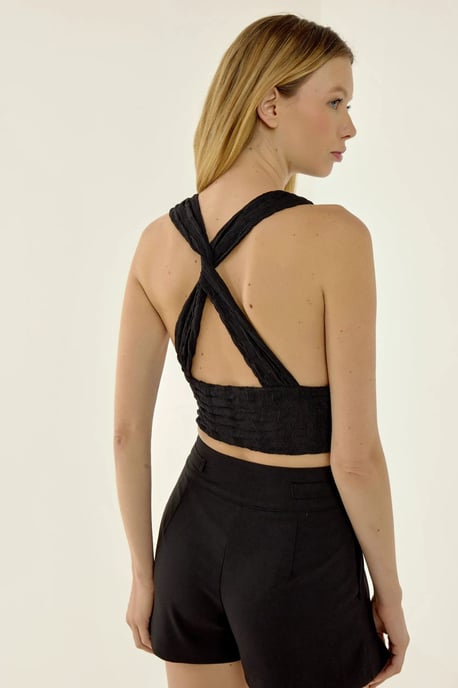 Hiccup V-Ausschnitt Crop Top mit gekreuztem Rücken - Schwarz - Image 1