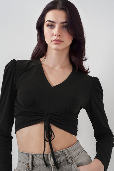 Strukturiertes V-Ausschnitt-Crop-Top mit Rüschendetail - Image 3