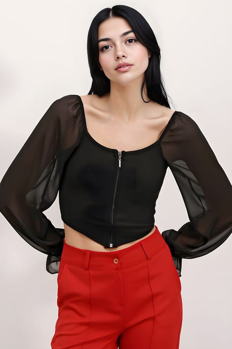Gerippte Reißverschluss-Crop-Bluse mit quadratischem Kragen - Image 1