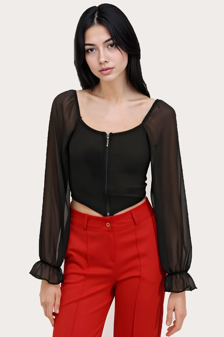 Gerippte Reißverschluss-Crop-Bluse mit quadratischem Kragen - Image 2