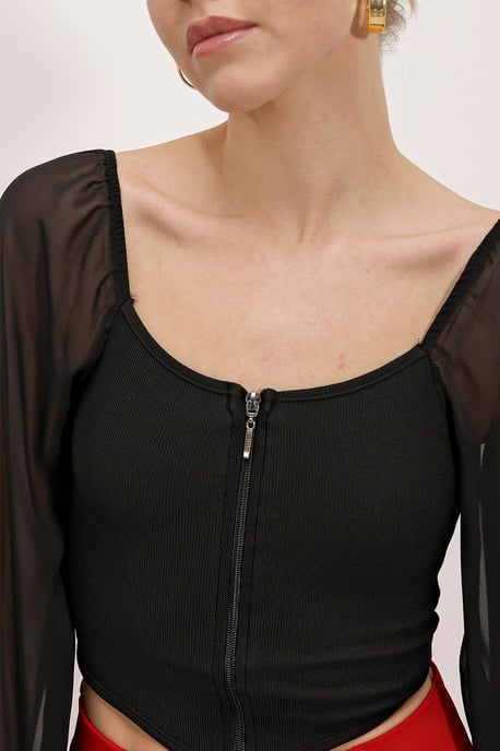 Gerippte Reißverschluss-Crop-Bluse mit quadratischem Kragen - Image 3