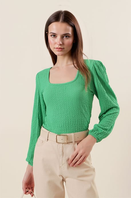 Strukturierte Bluse mit viereckigem Kragen und langen Ärmeln - Image 3