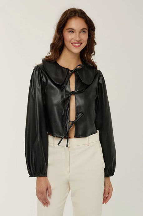 Kunstlederbluse mit langen Ärmeln und Schleife - Image 2