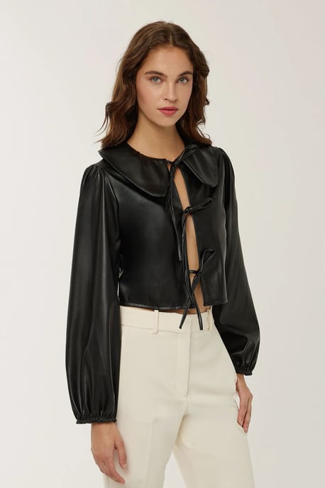 Kunstlederbluse mit langen Ärmeln und Schleife - Image 3
